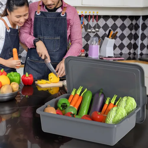 Vista 5 de Tinas de autobús comerciales de restaurante de 13 L con tapa, caja de autobús de plástico, 3 paquetes