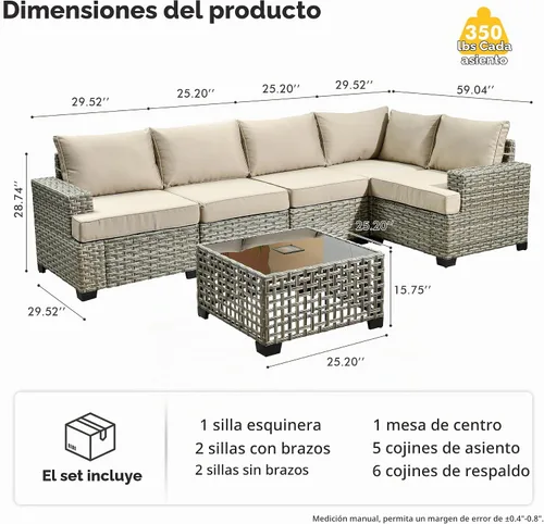Vista 7 de HOOOWOOO Juego de muebles seccionales de patio con mesa de luz solar, 6 piezas de mimbre para exteriores, sofá en forma de L, juego de conversación