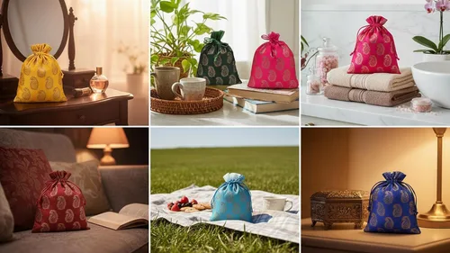 Vista 3 de Touchstone Preciosas bolsas de envoltura de regalos reutilizables, respetuosas con el medio ambiente, grandes con cordón de brocado Paisley