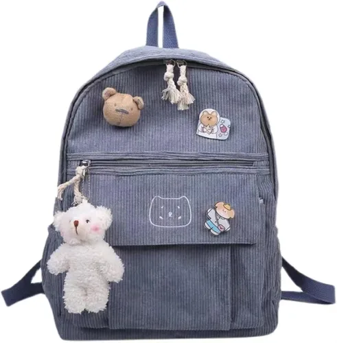 Vista 9 de YUESUO Mochila grande de pana Kawaii con bonito colgante de oso, bolsa vintage para niñas, estudiantes, mochila escolar, mochila para libros, Beige