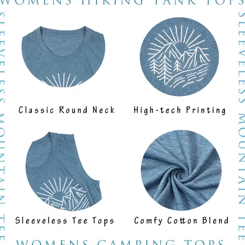 Vista 4 de Camisetas sin mangas de senderismo y montaña para mujer, divertidas camisetas de entrenamiento con gráficos de pino y amanecer, camisetas de verano