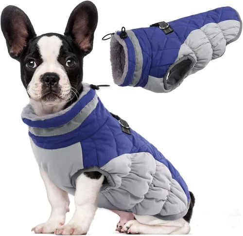Vista 62 de Lelepet Abrigo cálido para perro, abrigo de invierno para perro, chaqueta impermeable para perros con arnés integrado reflectante de forro polar