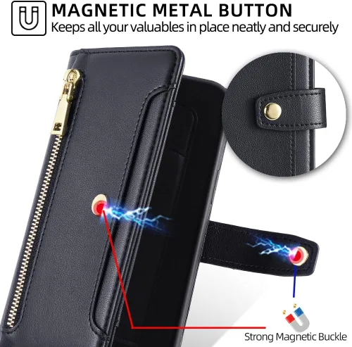 Vista 5 de Funda compatible con Huawei Nova 2S Cartera con cremallera 【Ranura para 6 tarjetas】【Soporte abatible】【Cierre magnético】 【Funda para teléfono】Cordón
