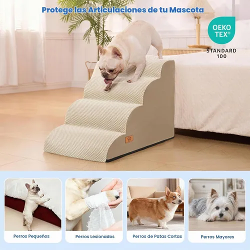 Vista 4 de Dog Steps for Bed and Couch, Pet Stairs for Small Dogs and Cats, Khaki Caqui
