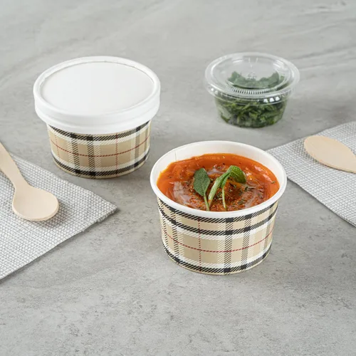 Vista 6 de Restaurantware Coppetta - Vasos de postre de 3 onzas, 50 tazas desechables para helado, tapas se venden por separado, cuencos de papel a cuadros