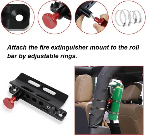 Vista 3 de Barra antivuelco de liberación rápida para extintor de incendios, soporte de montaje para extintor compatible con Jeep Wrangler Gladiator Ford