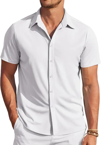 Vista 25 de COOFANDY - Camisas sin arrugas para hombre, casual, manga corta, con botones, de verano, elástica, de vestir
