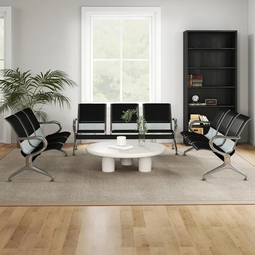 Vista 3 de Cómodas sillas de recepción de 3 asientos, banco de sala de espera con marco de metal, sillas de recepción de vestíbulo de piel sintética