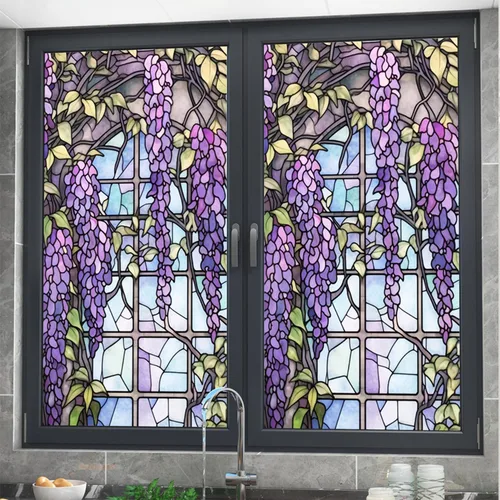 Vista 4 de Película de Ventana de Vidrio Emplomado Wisteria Esmerilada, Adhesivo Estático Engrosado para Ventana, Adhesivo de Ventana No Adhesivo