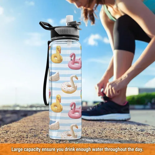 Vista 6 de ALAZA Flamingo Swan Circlen - Botella de agua con tapa de pajilla, 32 onzas, a prueba de fugas, botella de agua deportiva transparente grande