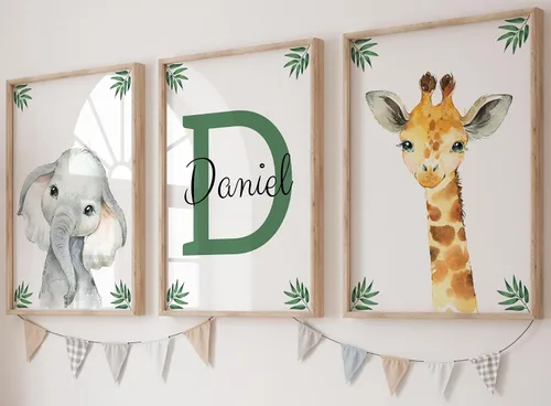 Vista 11 de Juego de 3 carteles personalizados de animales de safari para habitación de niños y niñas, sin marco, nombre personalizado, azul, verde, amarillo