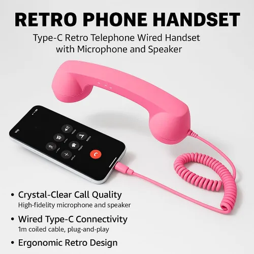 Vista 4 de Auricular retro para teléfono tipo C, teléfono retro con cable con micrófono y altavoz, receptor de teléfono clásico para teléfono celular