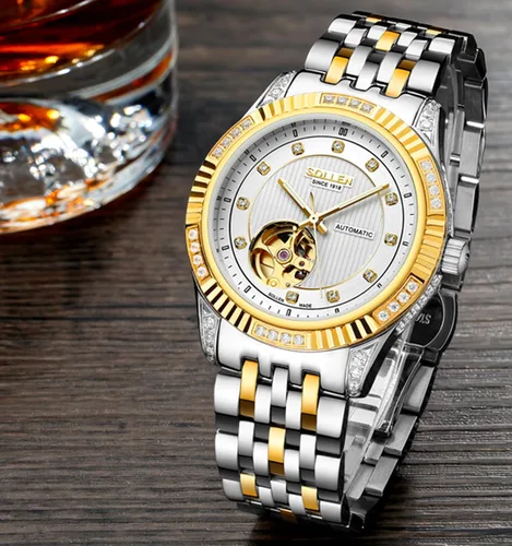 Vista 3 de SOLLEN Men's Skeleton Mechanical Watch, Classic and Business Automatic Mechanical Watch, Elegant Men's Wrist Watch