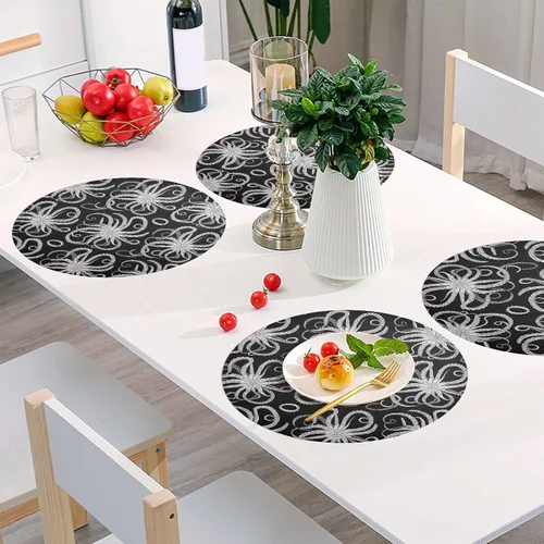 Vista 6 de White Gray Octopus Black Round Placemat, Non Slip Dinner Placemats Washable for Kitchen Table (one Sizex1)