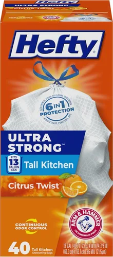 Vista 13 de Hefty Bolsas de basura ultra fuertes de 13 galones, bolsas de basura altas para cocina de tamaño de 13 galones, cierre con cordón, control continuo