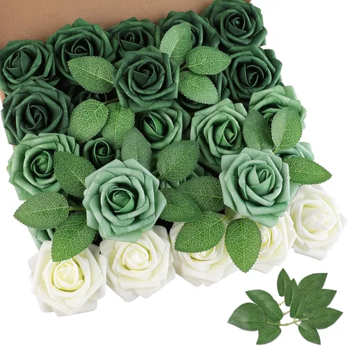 Vista 9 de AmyHomie 25 flores artificiales de aspecto real con tallo de rosa beige
