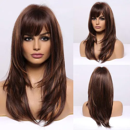 Vista 10 de HAIRCUBE Pelucas Auburn para Mujeres, Pelucas Largas en Capas Naranjas con Flequillo, Pelucas de Fibra Sintética Resistentes al Calor