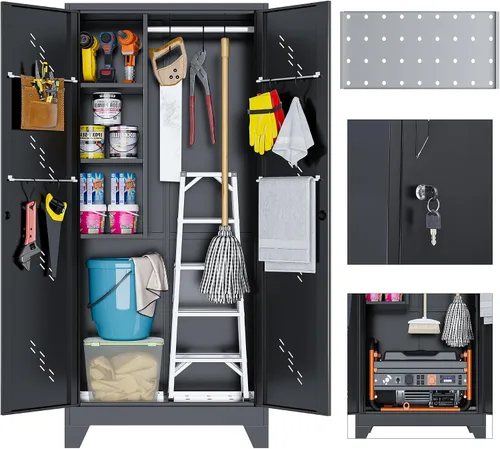 Vista 9 de Armario de almacenamiento de metal de 61 pulgadas con puertas con cerradura, gabinete de suministros de limpieza con tablero de clavijas y barra