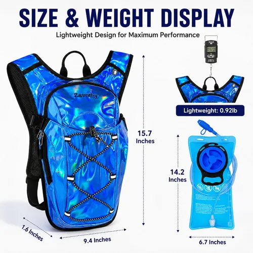 Vista 2 de Mochila de hidratación reflectante, paquete de hidratación, mochila de agua con vejiga de hidratación de 2 litros, esencial para festivales, paquete