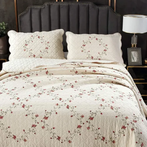 Vista 3 de vctops - Juego de colcha de 3 piezas, elegante, con bordado floral, de tamaño individual, 100% algodón, reversible y de retazos, 1 colcha y 2 fundas
