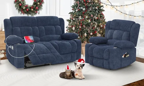 Vista 11 de Juego de sofá reclinable loveseat con 2+1 piezas, 2 plazas estilo minimalista reclinable manual con tirador, loveseat con puertos de carga USB