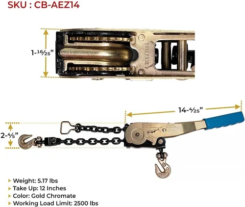 Vista 3 de Mytee Products Tensor de Cadena con Trinquete Fácil de 1/4" - 5/16" con Ganchos de Agarre y 2500 lbs WLL - Tensor de Carga con Trinquete de Amarre