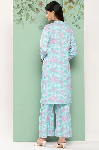 Vista 7 de Janasya Conjunto de coords con estampado digital de crepé azul cielo para mujer india
