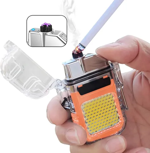 Vista 2 de Encendedor eléctrico de arco al aire libre, encendedor recargable por USB, linterna LED, encendedor de plasma de doble arco perfecto para camping