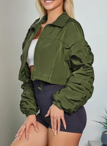 Vista 2 de Herseas Chaqueta de lluvia para mujer con cremallera y hombros caídos fruncidos