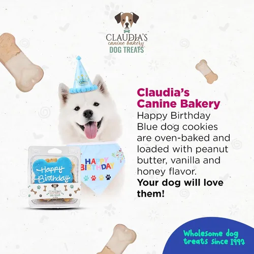 Vista 3 de Claudia's Canine Bakery Blue Happy Birthday - Concha de galleta para perro, 7 onzas, horneada en los Estados Unidos