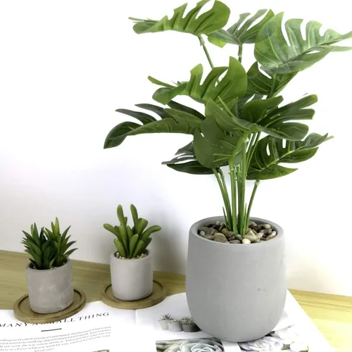 Vista 4 de Birsppy Tuokor - Plantas artificiales pequeñas de 15 pulgadas, hoja verde palmera en macetas de cemento para interiores y exteriores, plantas falsas