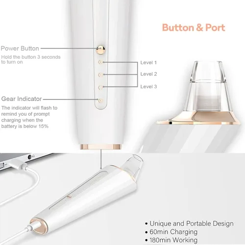 Vista 3 de Aspiradora de poros para eliminar puntos negros, limpiador facial recargable por USB, kit de eliminación de puntos negros con 3 potencia de succión