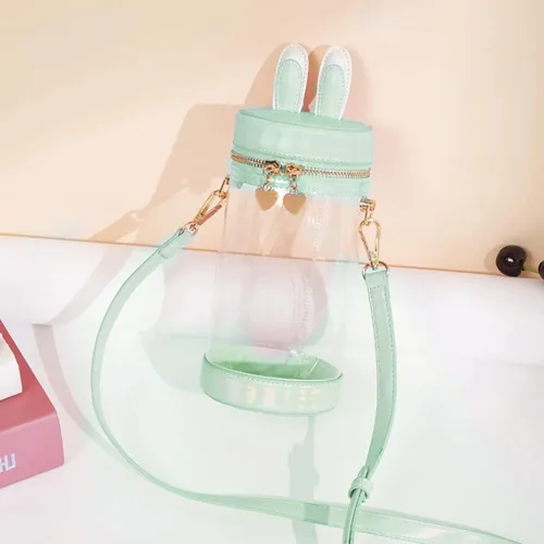 Vista 4 de Orejas de conejo transparente cubo Cilindro Ita bolsa, PVC amor doble cremallera bolso de hombro, Kawaii Lolita Crossbody Bag