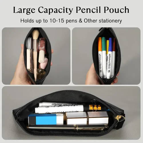 Vista 4 de Estuche para lápices MROCO Bolso negro para lápices Estuche de cuero PU para bolígrafos Pequeña bolsa con cremallera para lápices, bolígrafos