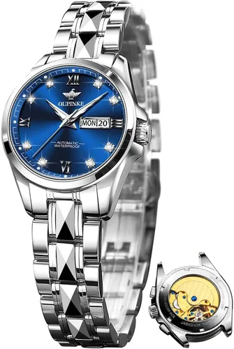 Vista 14 de OLEVS Reloj automático para mujer, color azul, dos tonos, fecha, reloj mecánico, calendario, reloj de pulsera impermeable con diamantes