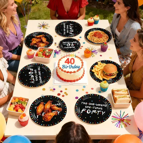Vista 6 de Greencian - 96 decoraciones de fiesta de cumpleaños con temática de iFriends, sirve para 24 personas Retirement Plates and Napkins Disposable