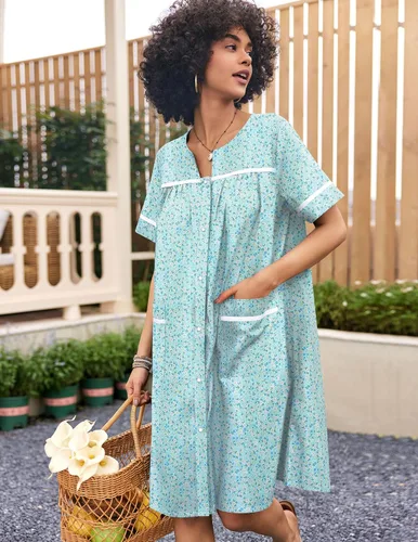 Vista 3 de Ekouaer Ropa de dormir para mujeres, camisón con broches frontales, bata de casa de algodón, manga corta, vestido de casa