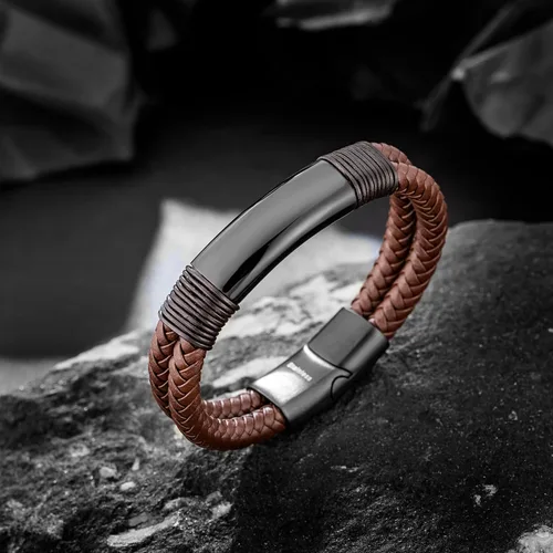 Vista 4 de murtoo Pulsera para hombre de cuero y acero, pulseras trenzadas de doble fila para hombres con cierre magnético de acero inoxidable, regalo elegante