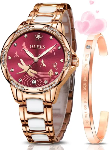 Vista 8 de OLEVS Relojes para mujer, mecánico automático, cuerda automática, oro rosa, reloj de mujer, vestido de diamante, pulsera de cerámica, impermeable