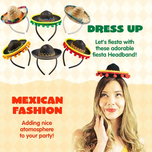 Vista 4 de JOYIN 6 diademas de tela y sombrero de paja del Cinco de Mayo, para disfraz de fiesta divertida, suministros de fiesta, accesorios de fotos