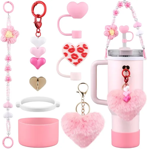 Vista 9 de Set de accesorios negros para vaso Stanley, correa para asa de botella de agua, funda de silicona, cubierta de pajita con lazo, dijes de perla, tapa