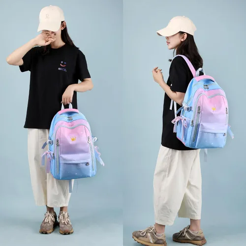 Vista 8 de Mochila para niñas y niños, bonita mochila escolar Kawaii ligera para escuela media y secundaria con bolsillo antirrobo, Negro Blanco, Mochila