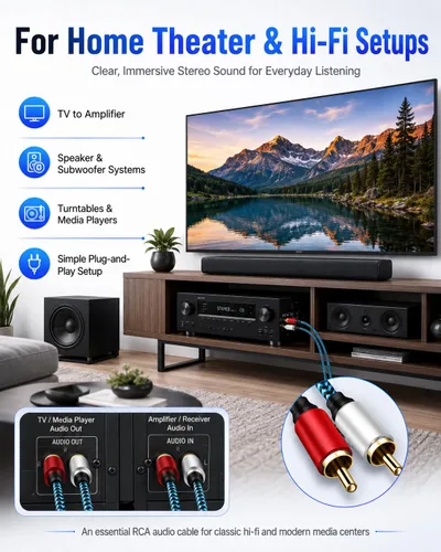 Vista 5 de Cable RCA de 5 pies/4.9 ft 2RCA macho a 2RCA macho cable de audio estéreo trenzado de nailon cable de audio auxiliar para cine en casa