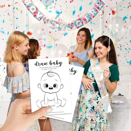 Vista 4 de Juegos de dibujar baby shower, juego de fiesta de revelación de género para niños o niñas, suministros para actividades de fiesta de baby shower