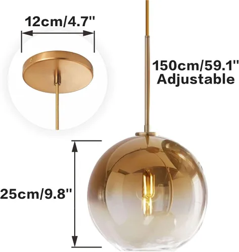 Vista 2 de KCO Moderna lámpara colgante de globo de vidrio de 1 luz, lámpara colgante de latón cepillado minimalista de mediados de siglo, lámpara colgante
