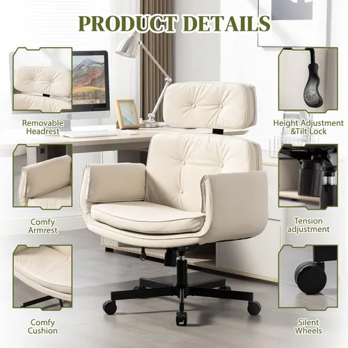 Vista 4 de Criss Cross Chair with Adjustable Armrests & Wheels & Headrest, Lounge Vanity Desk Chair with Wide Seat for Cross-Legged Sitting, Swivel Task Office