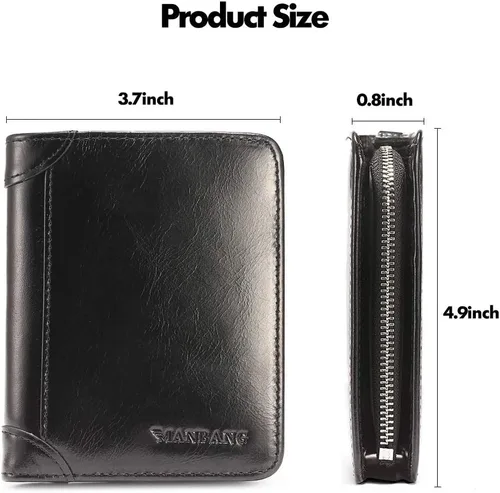 Vista 24 de Billetera para hombre con cremallera de cuero genuino RFID tarjeteros de piel de vaca con cremallera bolsillo para monedas, carteras plegables