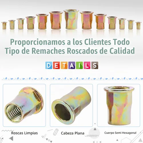 Vista 4 de Glarks Juego de 60 tuercas de remache de brida de cuerpo hexagonal M6 de acero al carbono chapadas en zinc, cabeza plana roscada, tuerca