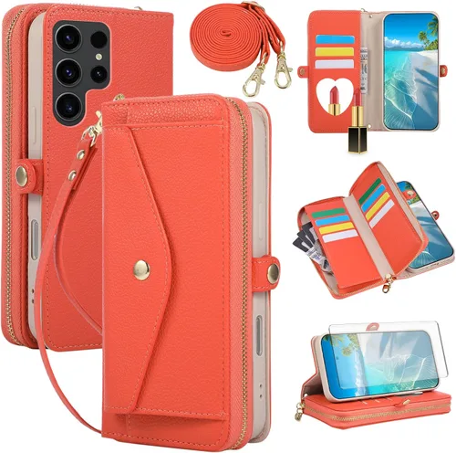 Vista 87 de Asuwish Funda de teléfono para Samsung Galaxy S23 5G con cremallera, funda para celular con protector de pantalla, correa para el hombro, espejo