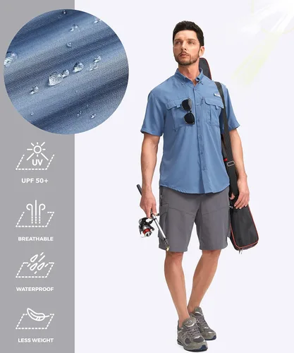 Vista 5 de Pudolla Camisas de pesca para hombre, camisas de trabajo de viaje de manga corta, camisas de verano con botones para hombres UPF50+ con bolsillos